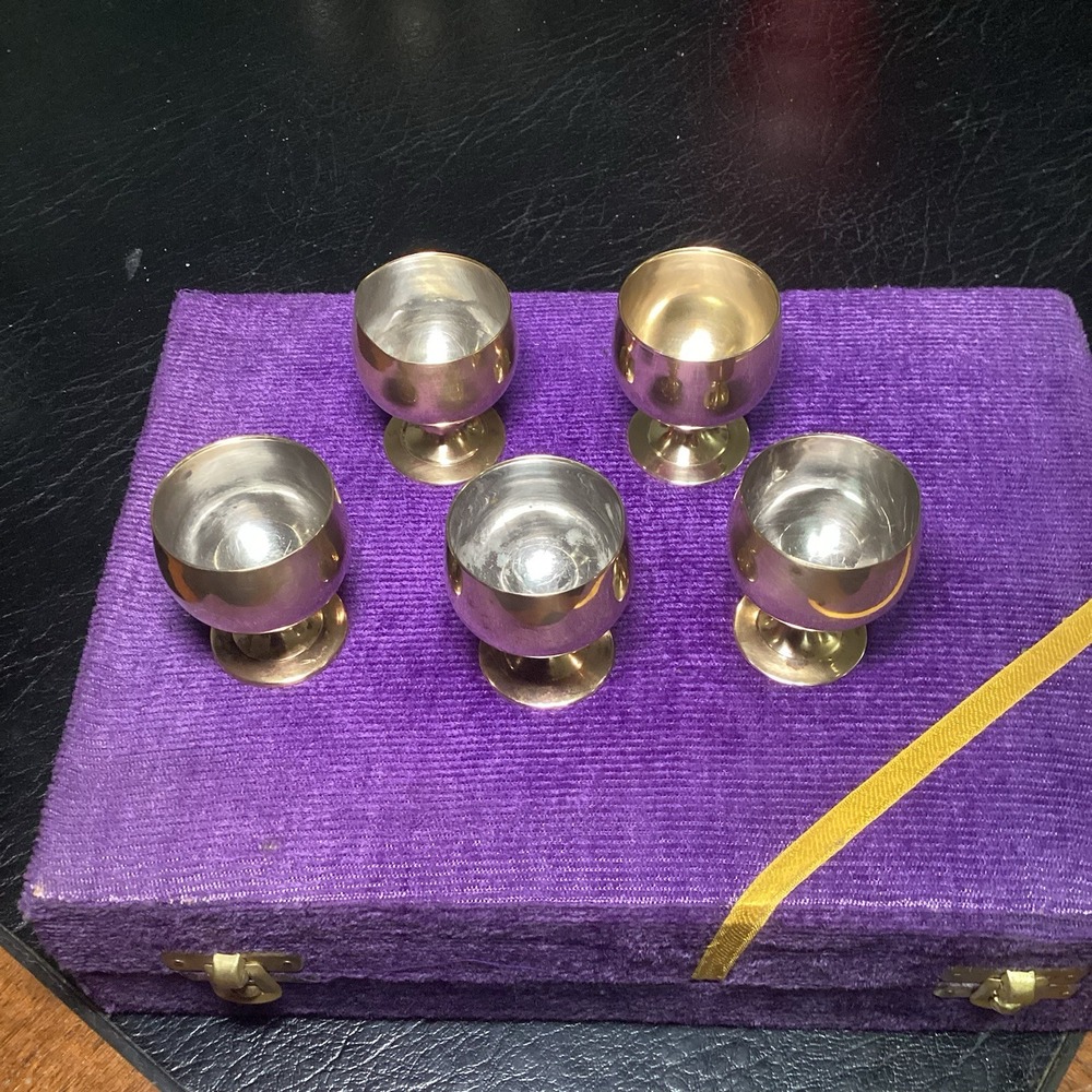 Vintage Brass Cordial Goblet Set of 5 with Purple Velvet Display Case